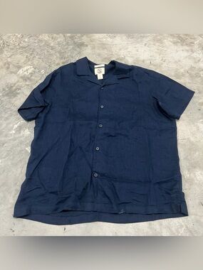 Panama Jack Mens Large Navy Blue 100% Linen Short Sleeve Shirt